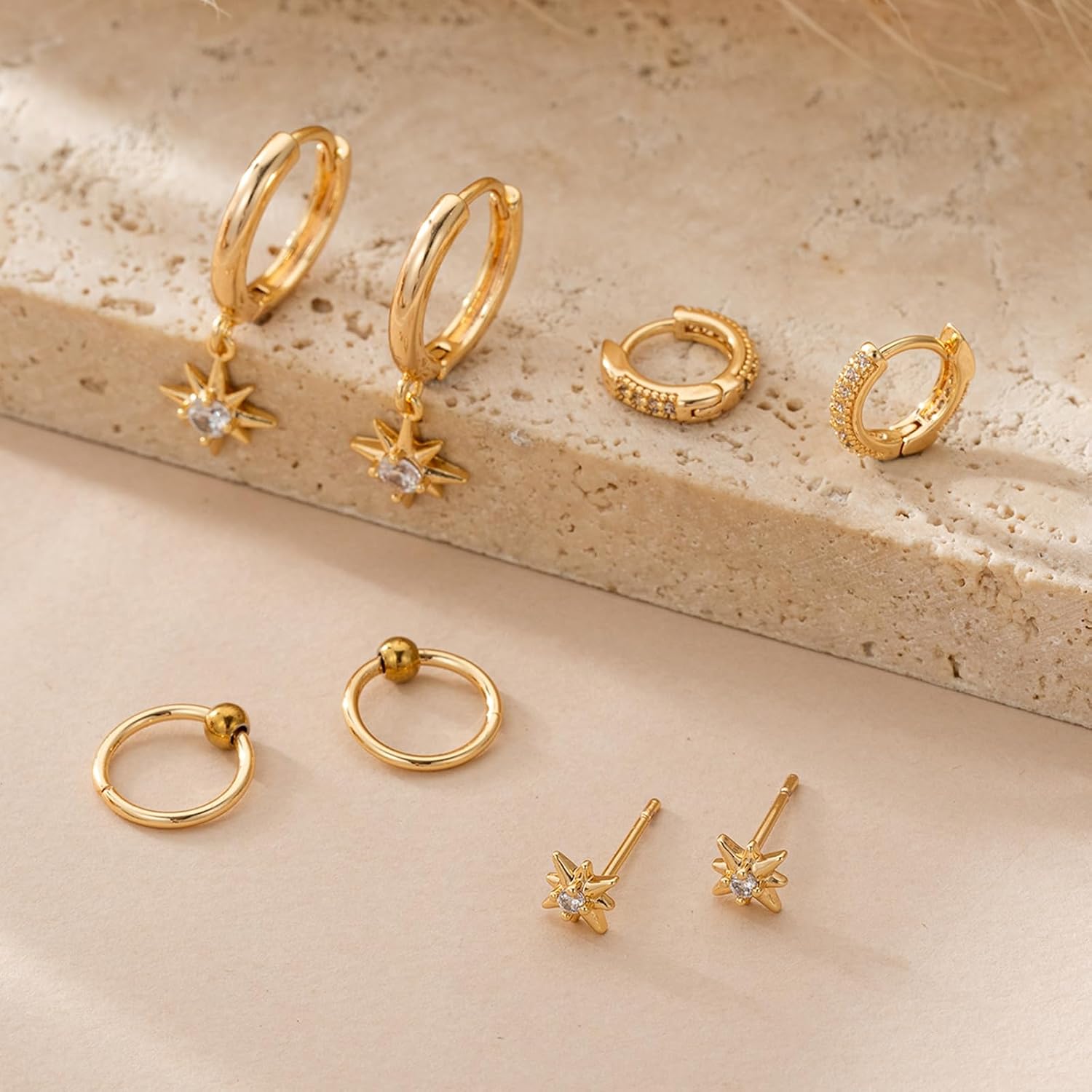 Gold Earrings for Women 14K Gold Plated Cubic Stacks Earring Star Moon Diamond Starburst Huggie Hoop Earrings for Women Trendy Jewelry - Image 5