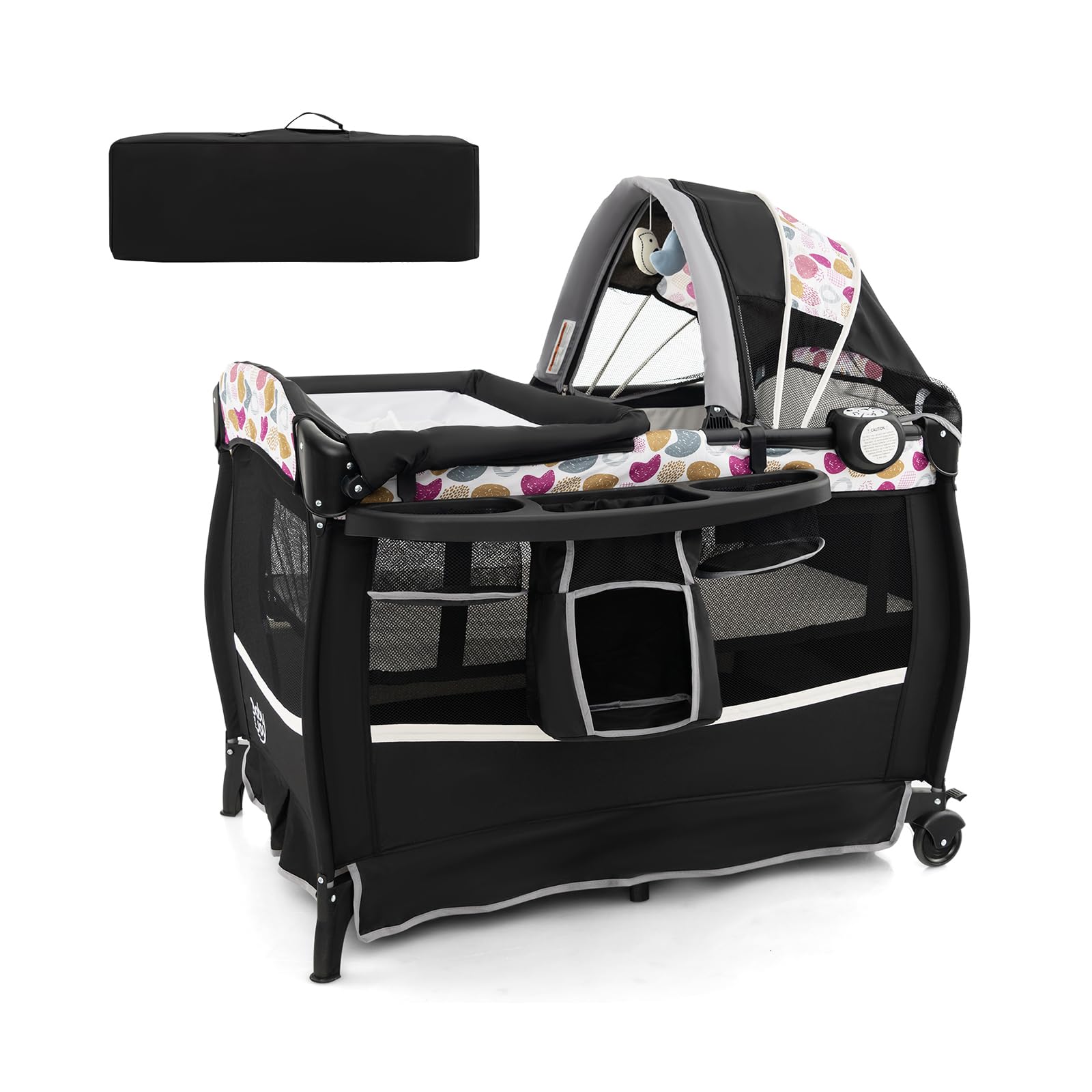 DREAMADE Lit Parapluie Bébé avec Matelas,4 en 1 Lit de Voyage 102x73x80CM Tout-Petites 0-3Ans avec Roues Verrouillables,Auvent Réglable,Poche,Porte-Couches,Sac de Transport (Noir+Cercle)