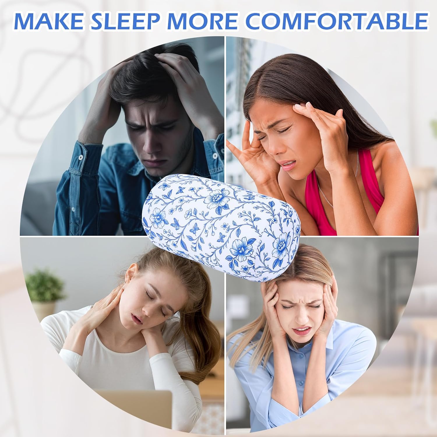 Novabright Micro Bead Neck Pillow with Storage Bag 12" x 6" Ice Silk Roll Pillow Soft Tube Support Bolster for Summer Sleeping Surgery Recovery Travel Chair Sleeping Car Seat, Airplane(Blue Flowers)