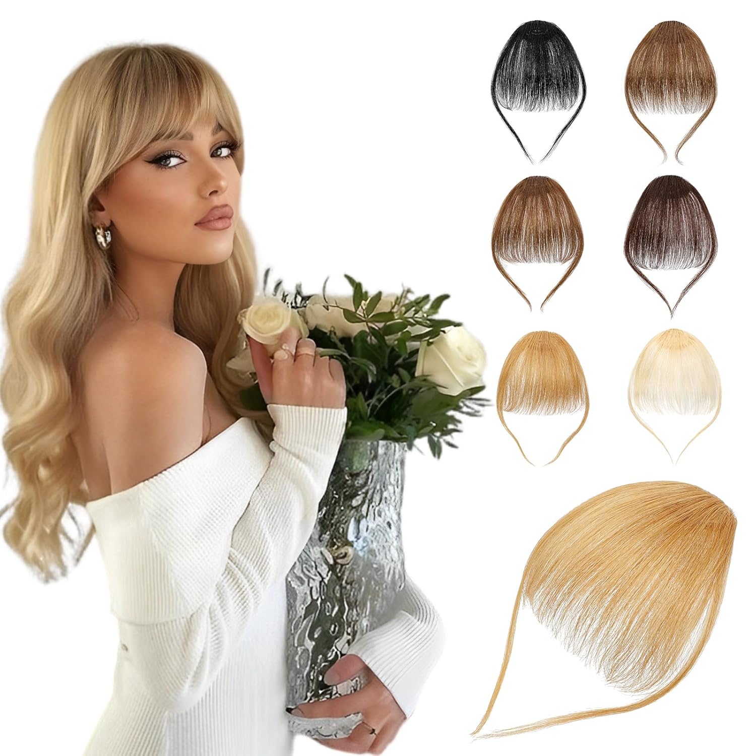 Clip in Bangs – 100% Human Hair Wispy Bangs Hair Clip Fake Bangs Fringe with Temples Hairpieces Air Bangs for Women Ash Blonde