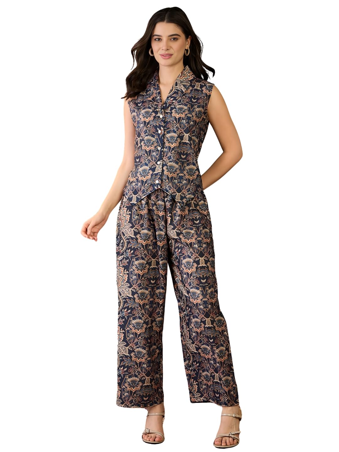 Naixa Women’s Rayon Printed Straight Top with Matching Pant – Elegant Sleeveless V-Neck for Casual and Office Fashion for Women (NX-WD50)