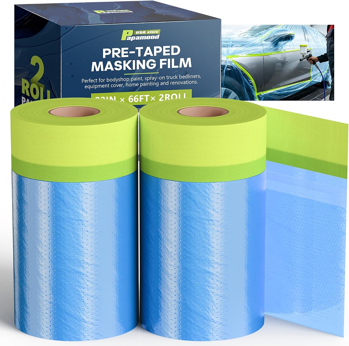 Película de enmascarar automotriz pregrabada para pintura - 22" x 66', 2 rollos | Rollo de láminas de plástico para pintores, cinta adhesiva y cortina, suministros de pintura para automóviles, paredes, muebles, pulverización de pisos