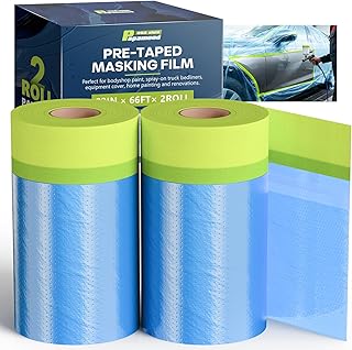 Pre-Taped Masking Film for Painting(2 Rolls) - 22" x 66'Painters Plastic Sheeting with Tape and Drape, Painters Drop Cloth for Automotive & Home, Cover for Walls/Floors/Windows/Cars Protection