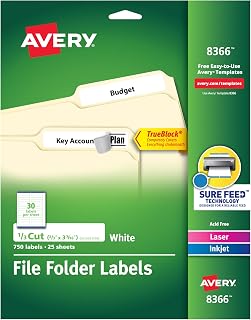 Avery 08366 File Folder Labels with TrueBlock Technology, Permanent Adhesive, 2/3" x 3-7/16", 750 Laser/Inkjet Labels