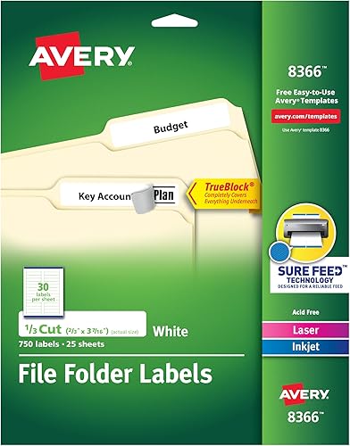 Avery Etiquetas para carpetas de archivos con tecnología TrueBlock, adhesivo permanente, 23 x 3-716 pulgadas, láserinyección de tinta, paquete de 5,