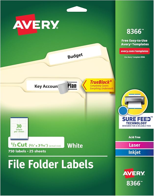 Etiquetas para carpetas de archivos Avery®, tecnología TrueBlock®, adhesivo permanente, 2/3" x 3-7/16", láser/inyección de tinta, 750 etiquetas (08366)