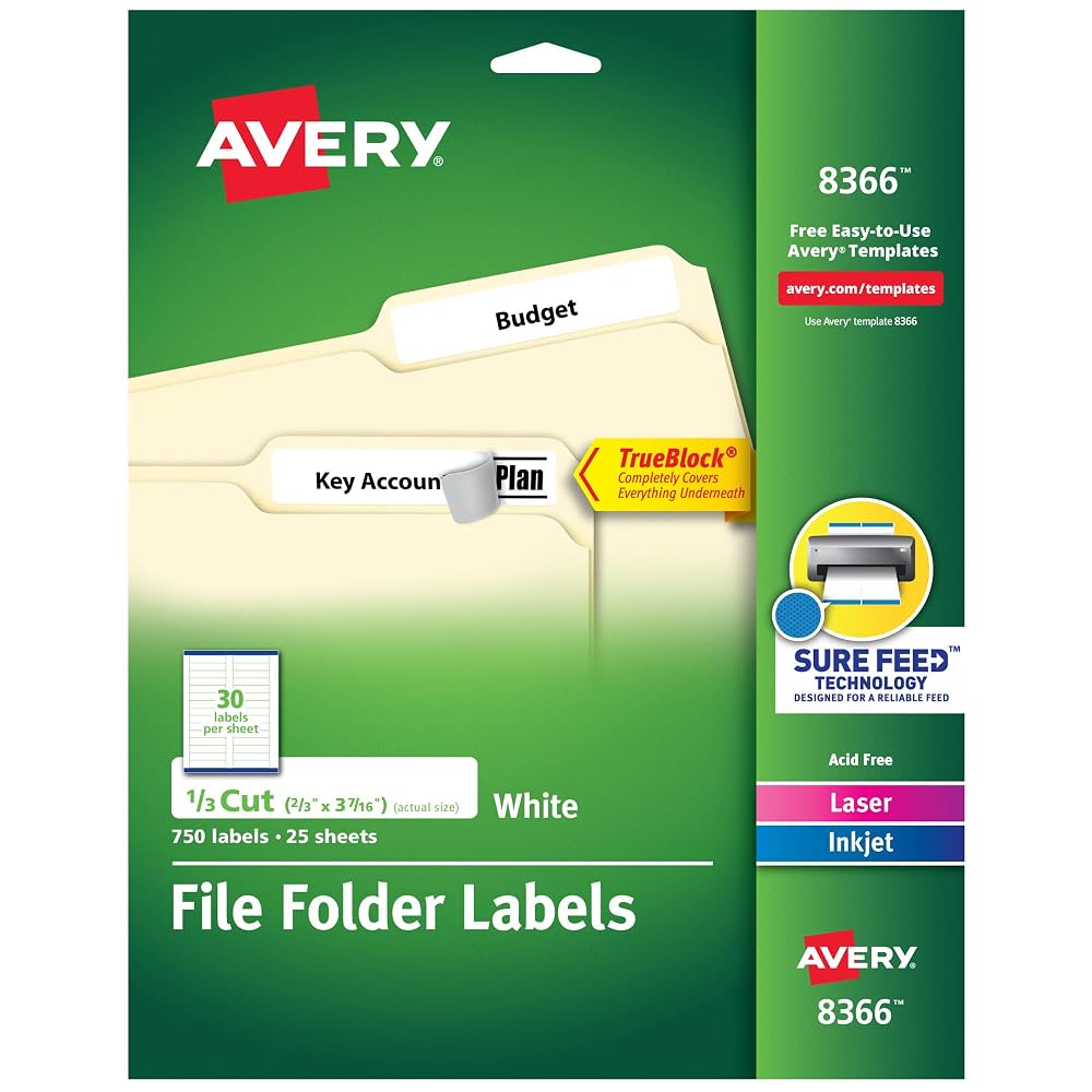 Avery® File Folder Labels, TrueBlock® Technology, Permanent Adhesive, 2/3" x 3-7/16", Laser/Inkjet, 750 Labels (08366)