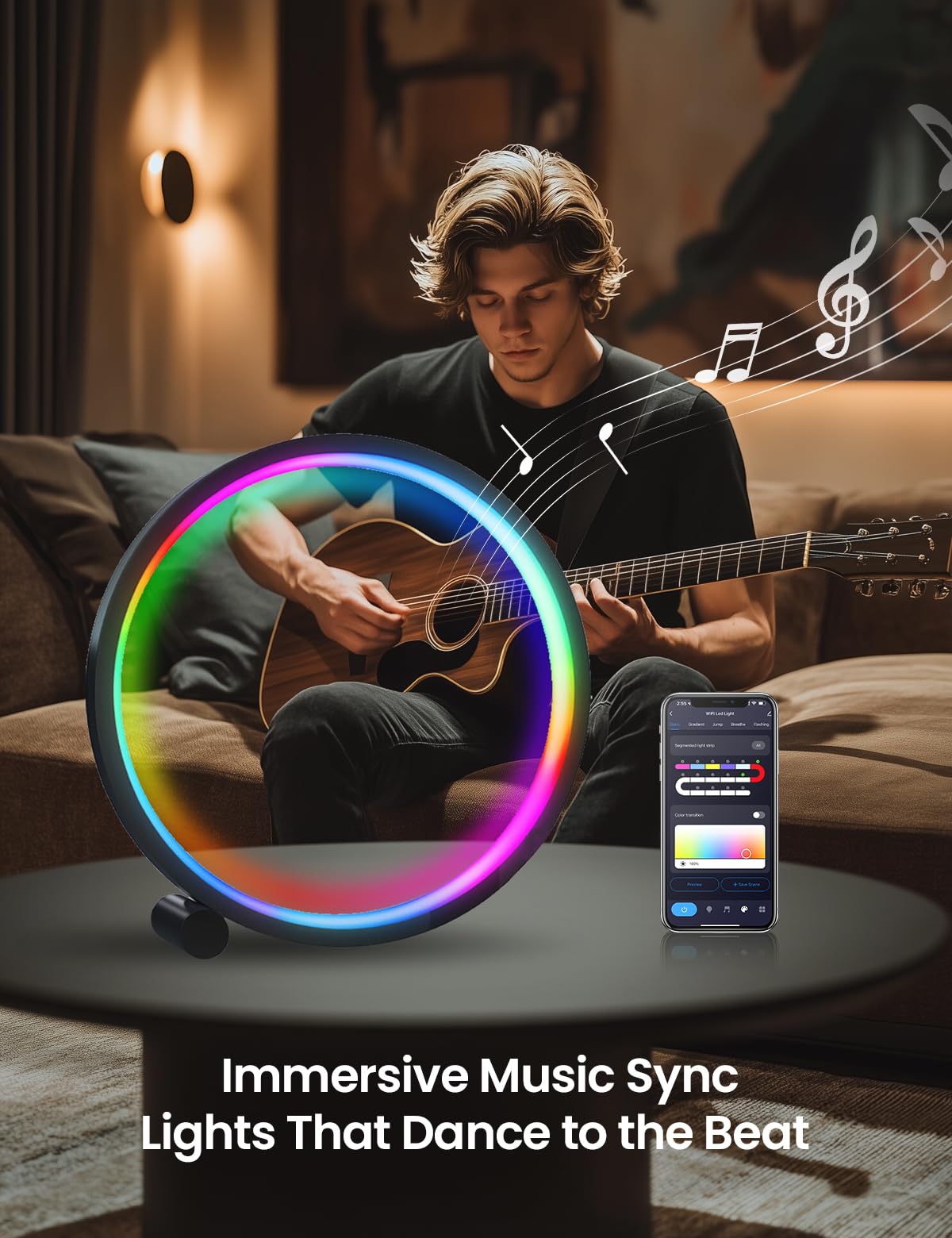 Lámpara de mesa LED inteligente, iluminación RGB+IC, luz nocturna que cambia de color, sincronización de música, modo de bricolaje, atenuación continua, aplicación y control de voz (WiFi de