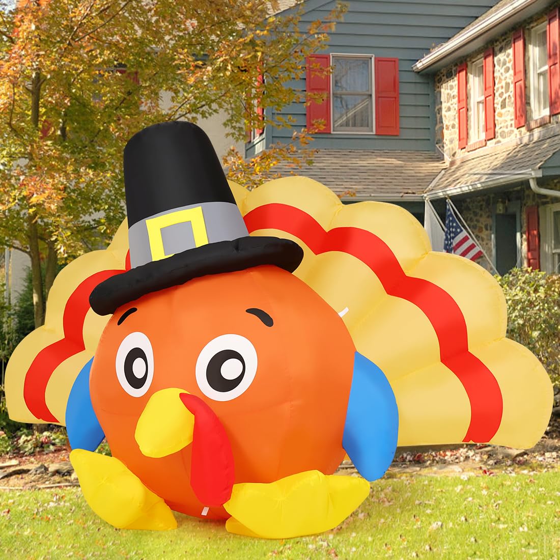GOOSH 7.5 FT Long Thanksgiving Inflatables Turkey Outdoor Decorations Blow Up Yard Turkey Baby with Pilgrim Hat with Built-in LEDs for Outdoor Indoor Garden Lawn Party Decor