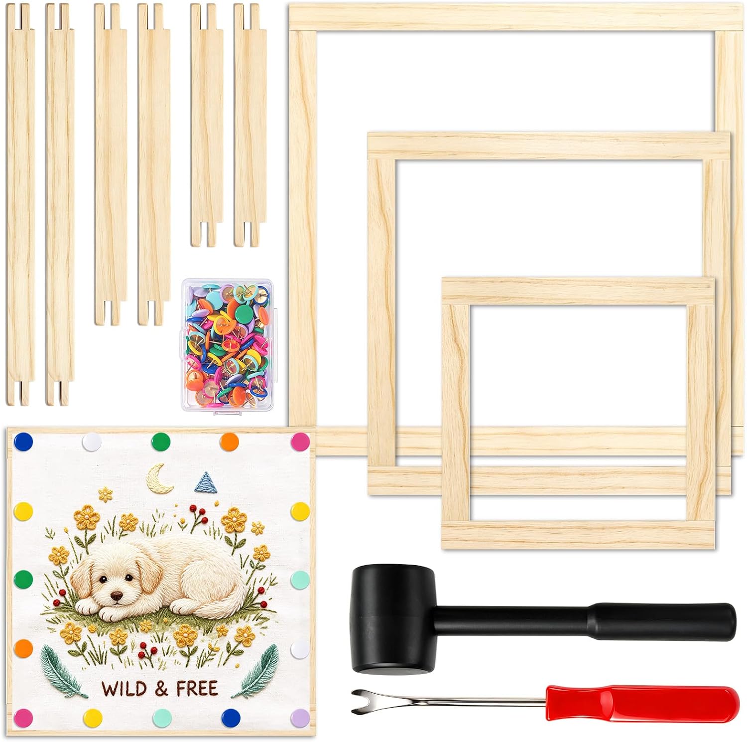 12pcs Stretcher Bars for Needlework, 3 Sizes Wooden Canvas Needlepoint Stretcher Bars with 100 Thumb Tacks, Hammer, Pry Tool for Needlepoint Embroidery Stitch Frame Set Bundle with Crafts