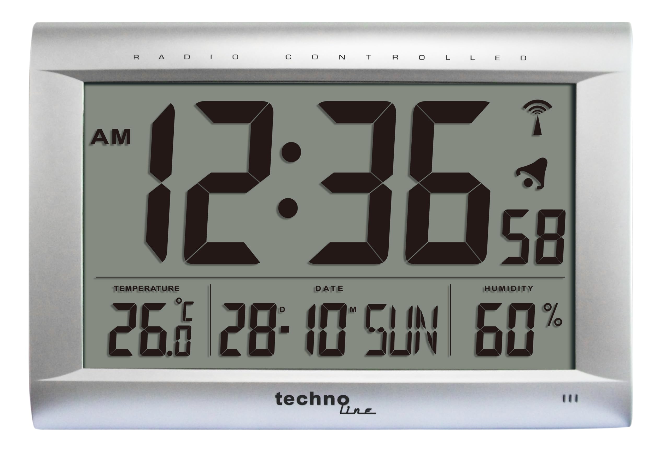 Technoline WS 8009 Funkwanduhr mit DCF-Funkempfang | XXL LCD-Display | Temperatur- und Luftfeuchtigkeitsanzeige | Kalender mit Wochentag | Wecker mit Snooze | Wand- und Tischuhr | weiß