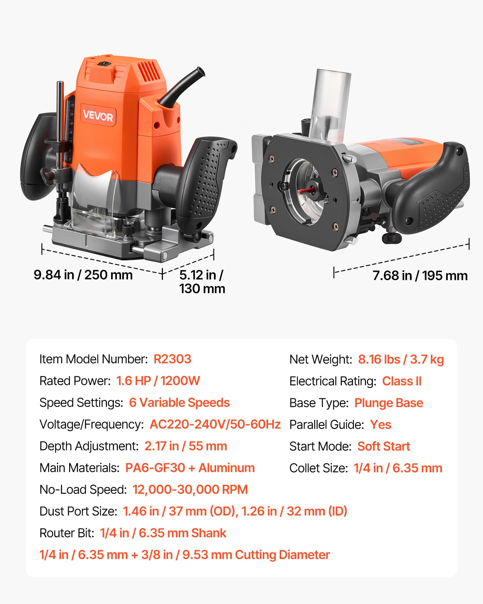 VEVOR Fresadora de Madera 1,6HP 1200W, Rebajadora Eléctrica de 6 Velocidades Variables, Arranque Suave, con Base de Inmersión, Fresadora de Cantos para Carpintería, Proyectos de Bricolaje, con Cable
