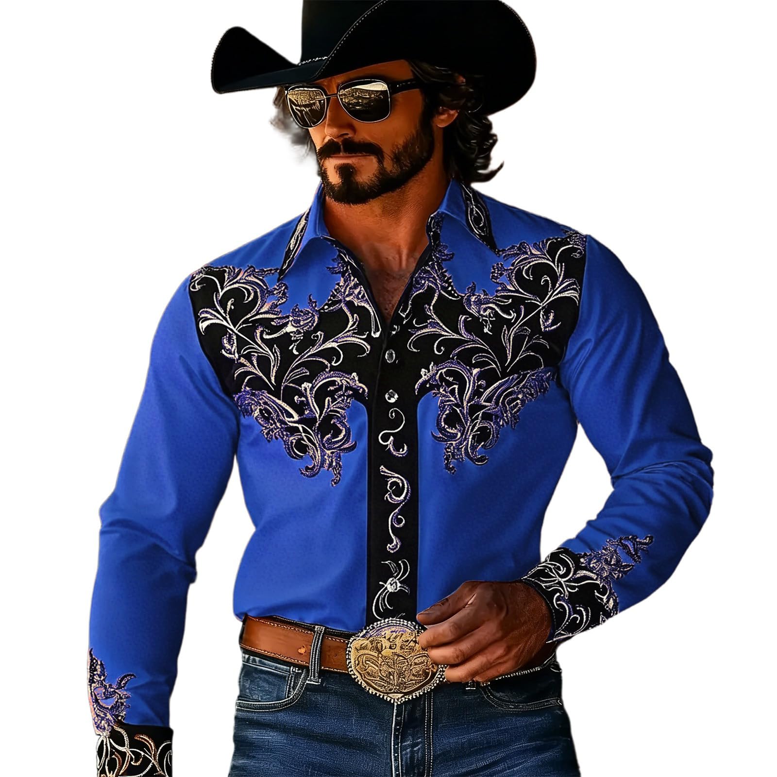 Fancy Dress Shirts Men's Cowboy Costume Long Sleeve Retro Western Shirt Western Lapel Shirt Vintage Style Long Sleeve Shirt with Ornament Pattern Festive Party Shirt for Theme Party Country Festival