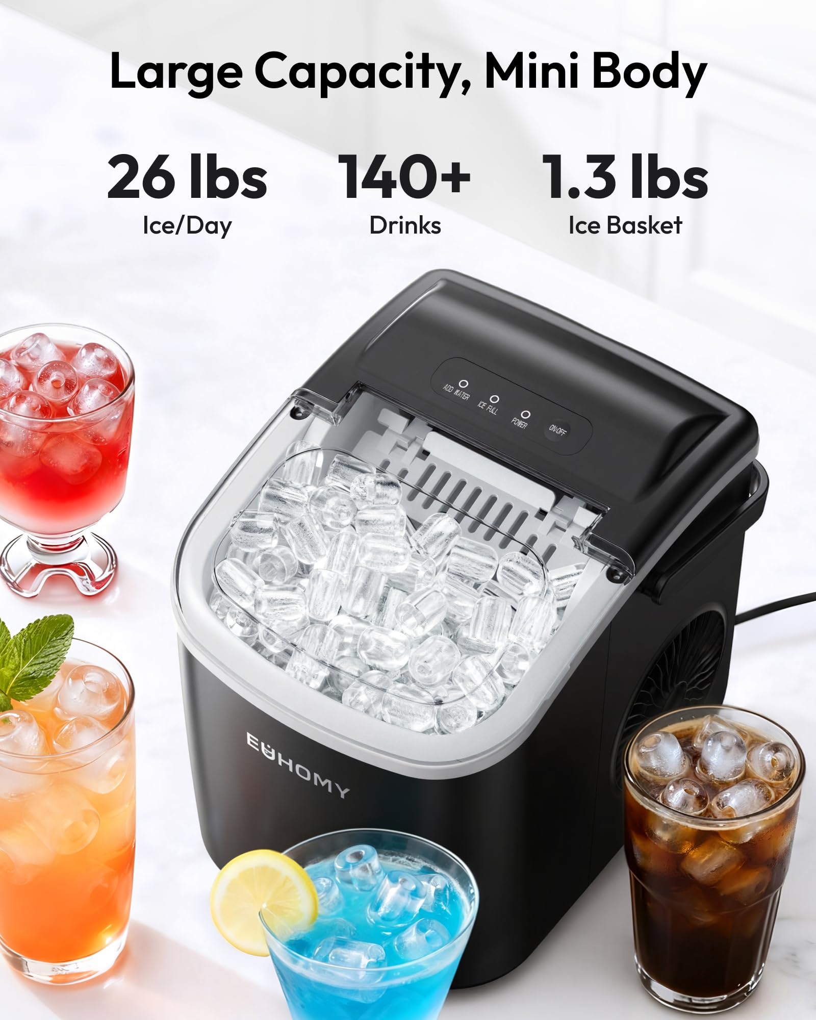 EUHOMY Countertop Ice Maker Machine with Handle, 26.5lbs Per Day, 9 Ice Cubes Ready in 6 Mins, Auto-Cleaning Portable Ice Maker with Basket and Scoop, for Home/Kitchen/Camping/RV (Black) view 3