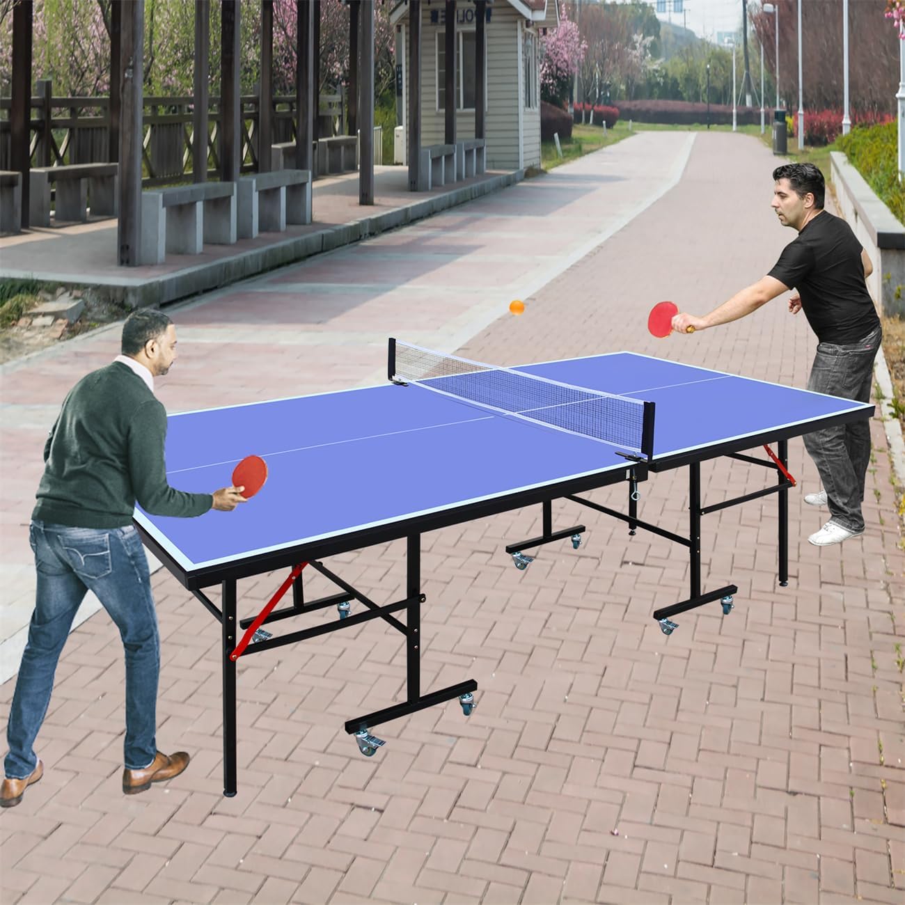 8FT Mid-Size Table Tennis Table Foldable & Portable Ping Pong Table Set, 8 Pulleys, for Indoor Games with Net, 2 Table Tennis Paddles and 3 Balls