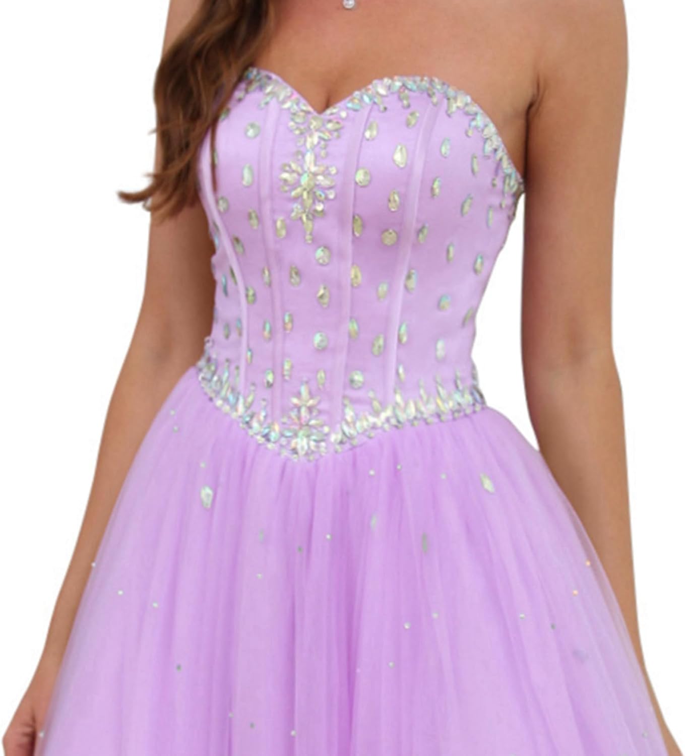 Women's Strapless Tea Length Prom Dress, Tulle Ball Gown with Crystal Beading, Corset Back