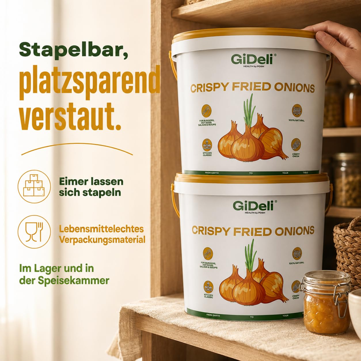 GiDeli Röstzwiebeln 5 kg im Eimer - Knusprig Geröstete Zwiebeln - Pommesgewürz, Burger Gewürz, Hot Dog - Zaubergewürz