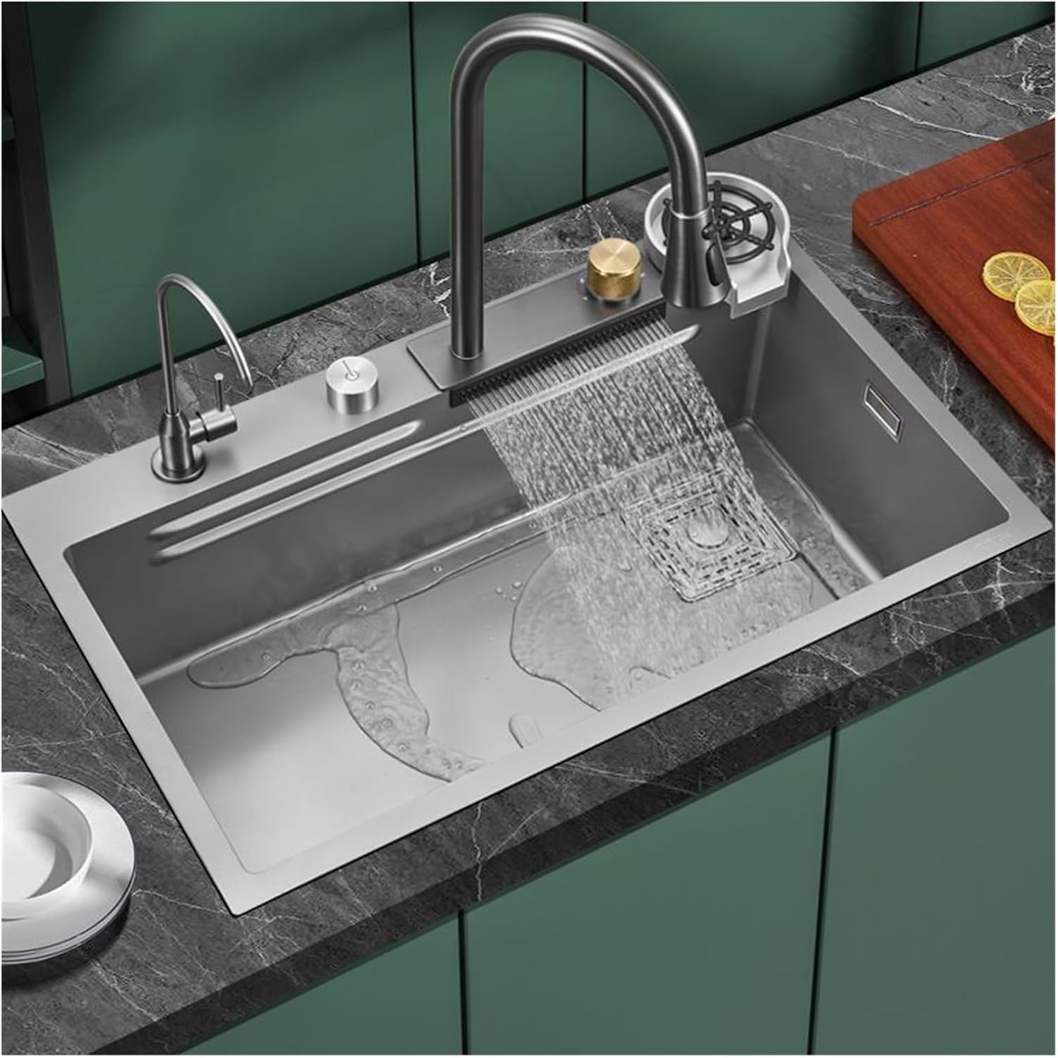 Kitchen 304 Stainless Steel Flying Rain Waterfall Sink Grey Household Large Single Tank Vegetable Washing Basin Bowl Pool(6846 T2)