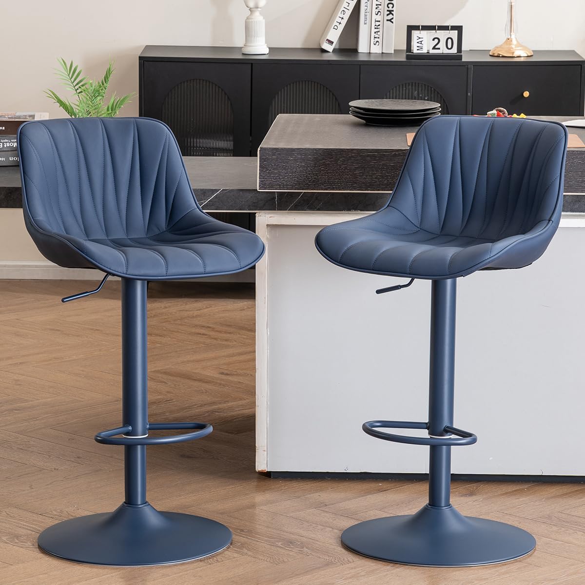 Kidol & Shellder Bar Stools Set of 2 Adjustable Swivel Counter Height Barstools Modern Upholstered PU Leather Bar Chairs Stools for Kitchen Island Blue