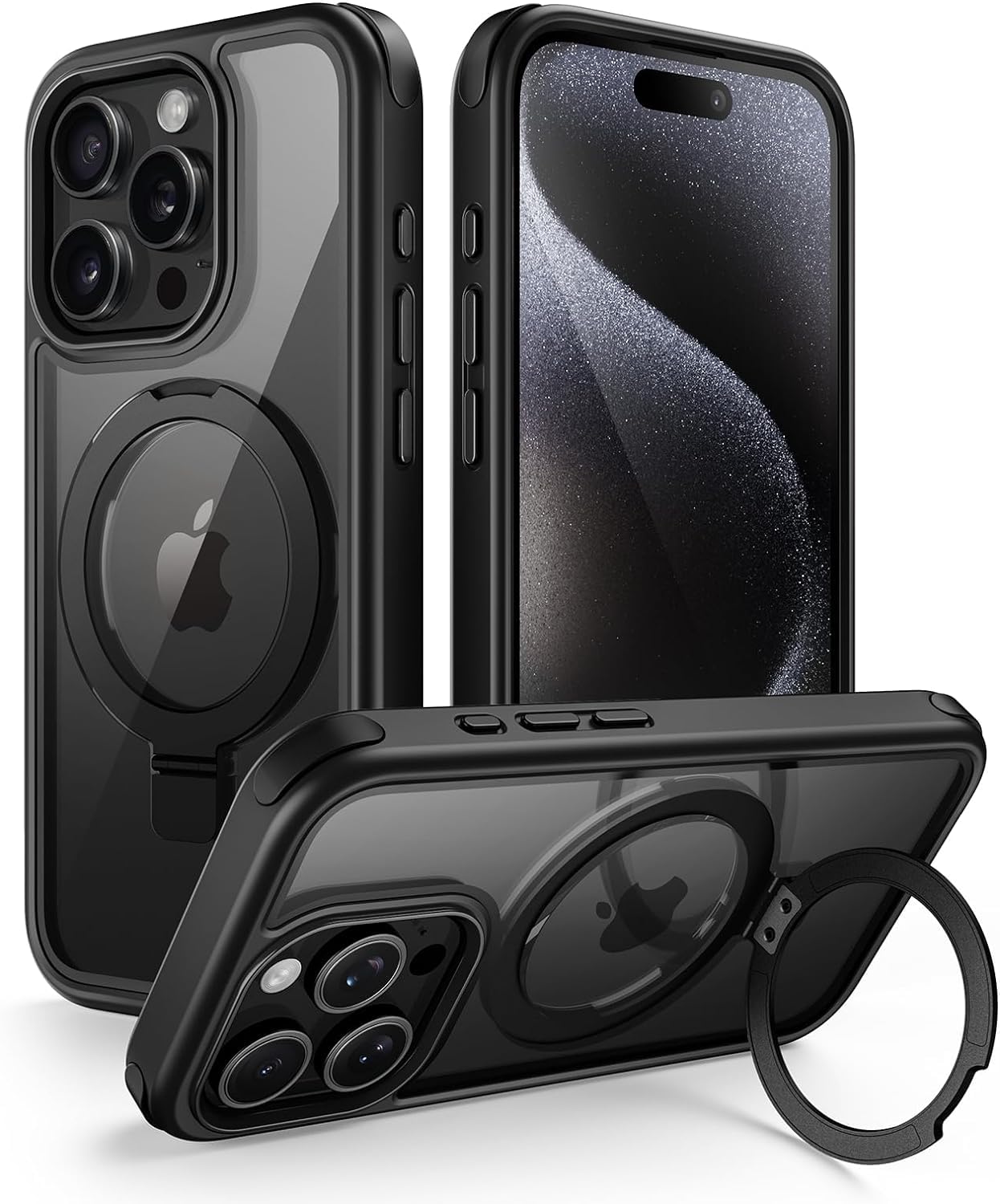 Mobnano for iPhone 15 Pro Max Case with Stand, Compatible with MagSafe, Crystal Clear Back, Military-Grade Protection, Magnetic Ring Holder Protective