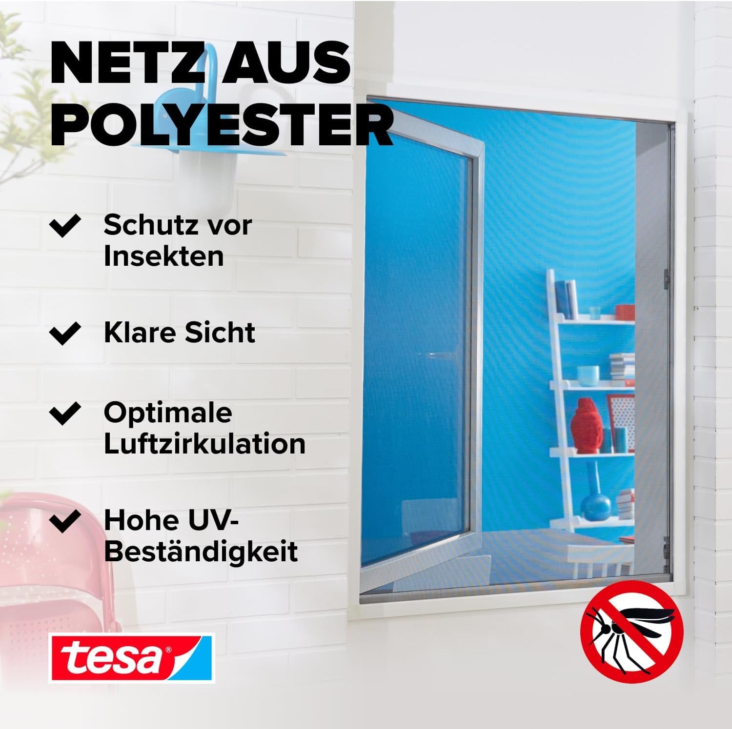 tesa Insect Stop Standard Fliegengitter für Fenster - Insektenschutz zuschneidbar - Mückenschutz ohne Bohren (3 Stück, Anthrazit (Durchsichtig), 1,5m:1,8m)