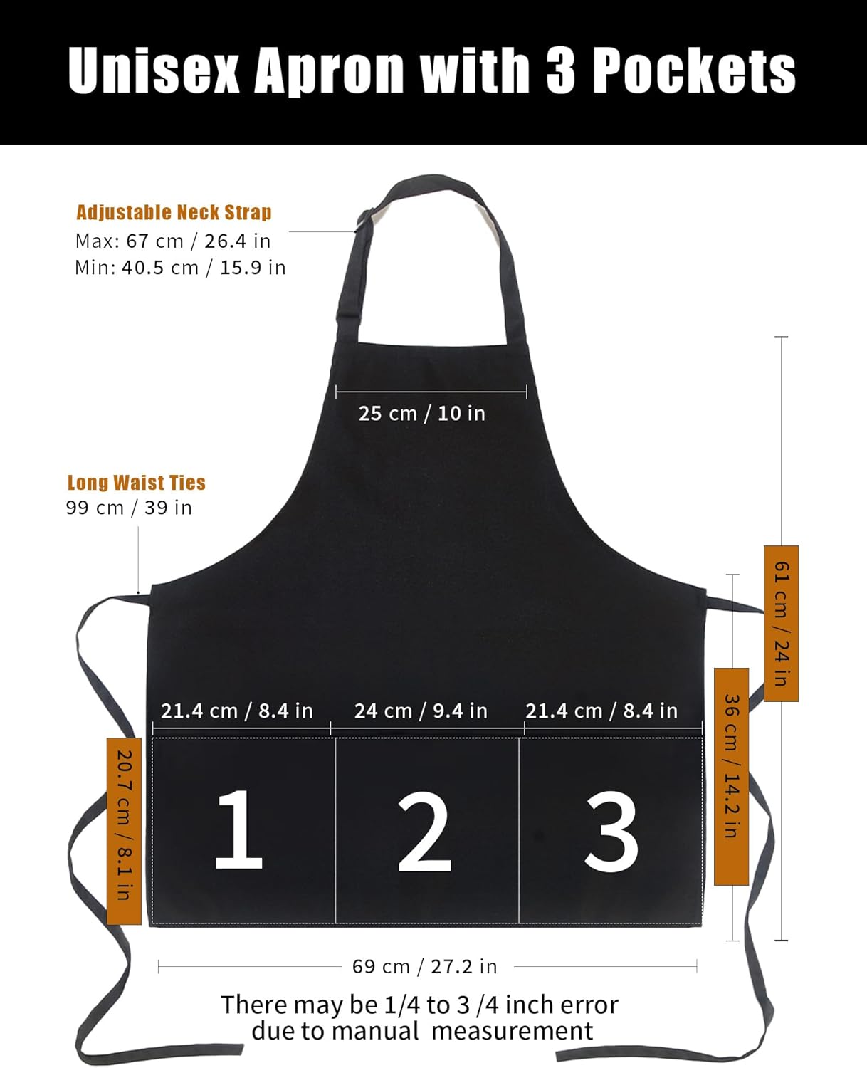 Argstar Unisex Adjustable Three Pocket Apron-Chef Kitchen Cooking，Restaurant Server