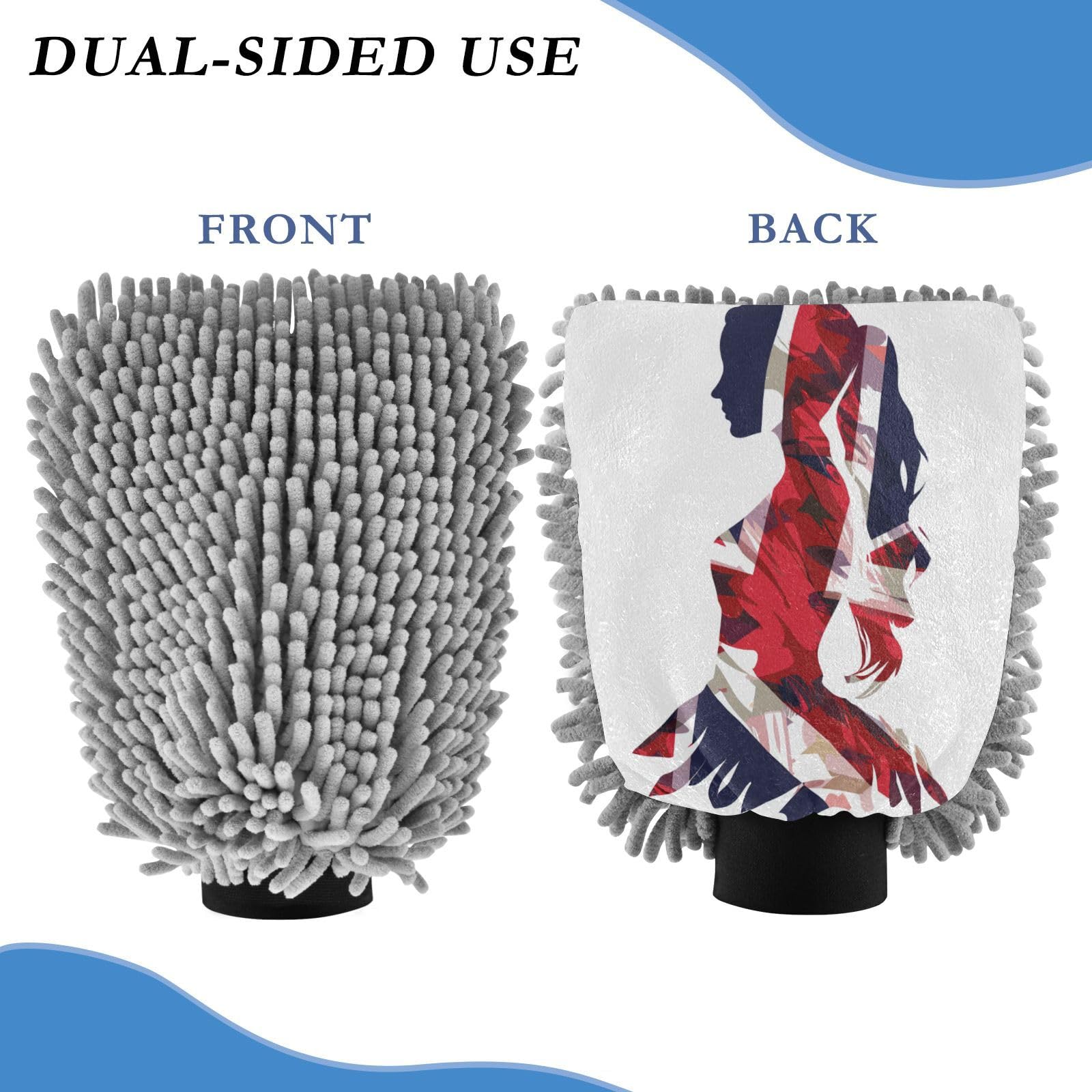 ALAZA British Flag Woman Car Wash Mitt Scratch Free, 2 Pack Absorbent Microfiber/Chenille Washing & Drying Mitts, L