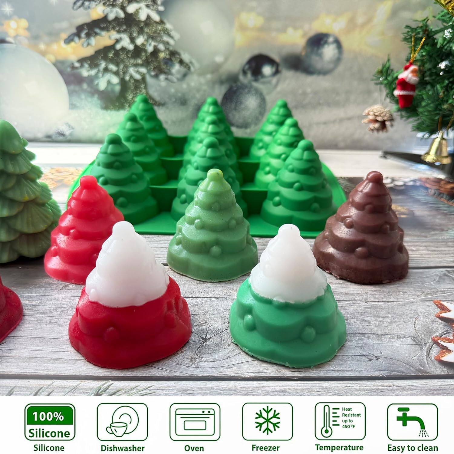 3D Christmas Tree Silicone Mold, Xmas Tree Pan Silicone Molds Christmas Cake Mold for Mousse Cake Muffin Baking, Ice Cube, Jello, Chocolate, Soap, Lotion Bar, Bath Bomb, Candle, Home Decor (green)