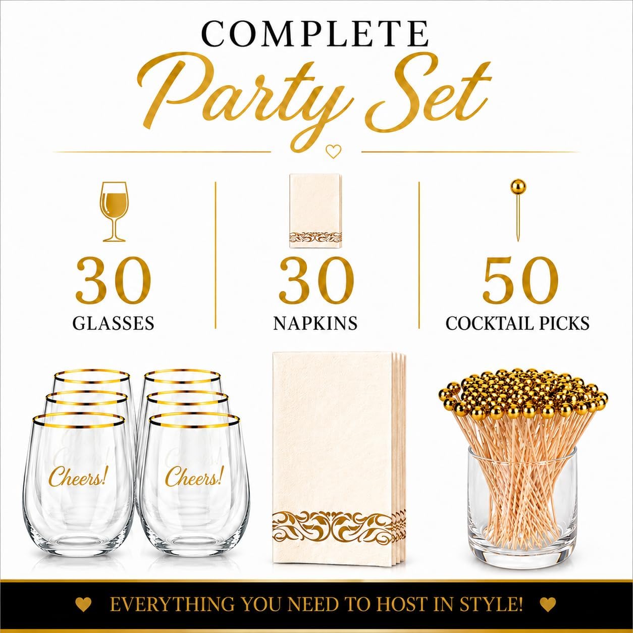 Plastic Wine Glasses Stemless Disposable 12 oz with Gold Rim - 30 Guests Party Drinkware Set, 30 Plastic Cups, 30 Napkins & 50 Cocktail Picks - BPA-Free, Shatterproof, Reusable, Recyclable