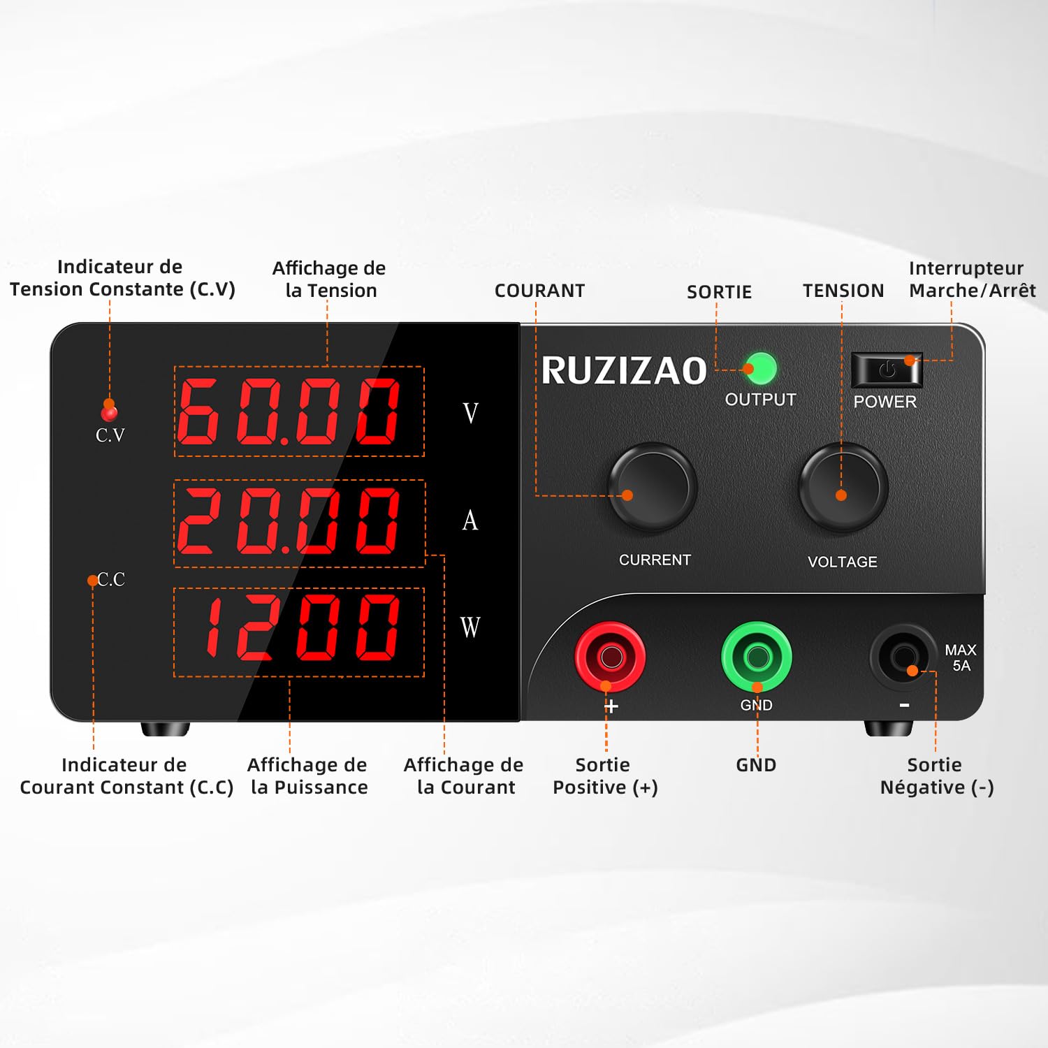 Alimentation de Laboratoire 60V 20A 1200W Haute Puissance Alimentation Stabilisée Réglable avec OUTPUT/Encodeur Bloc d'alimentation Laboratoire pour Automatisation/Laboratoire/Test de Batterie