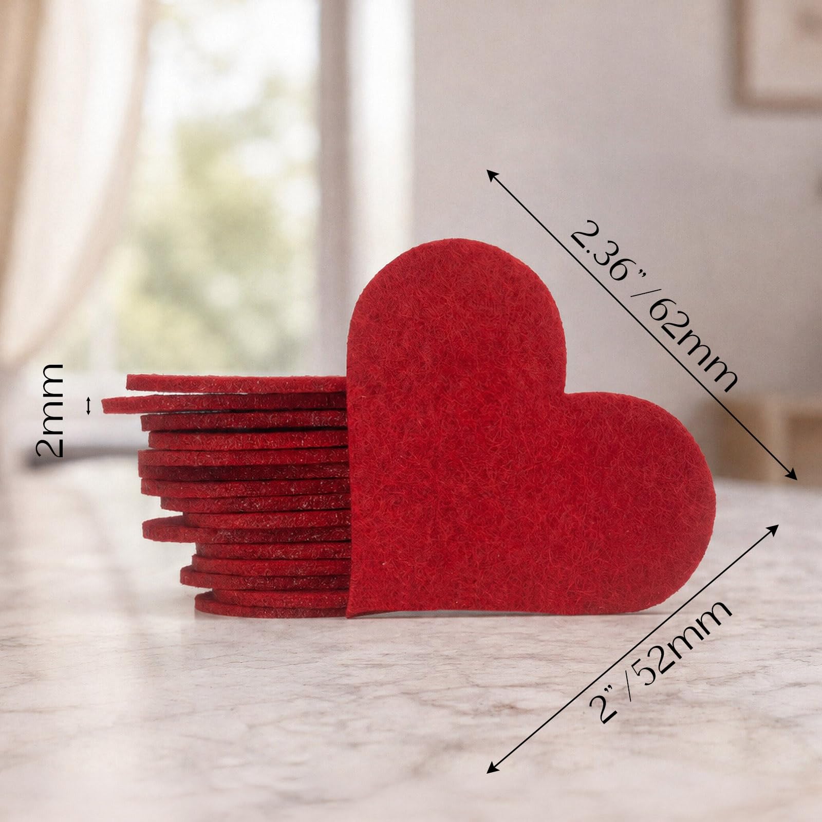 100 cuori in feltro rosso a forma di cuore, per scrapbooking, decorazioni in feltro da 2 mm