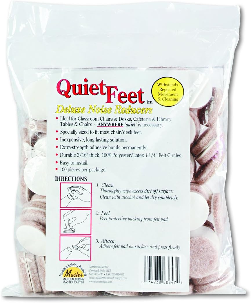 Scratch Guard Quiet Feet Deluxe Noise Reducers, 1-1/4" Dia., 3/16" Thick, Self-adhesive, Beige, 100/Pack