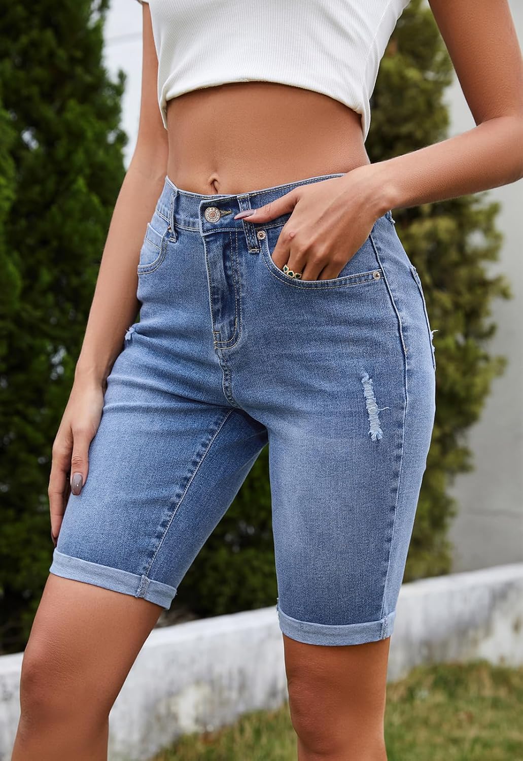 Metietila Women's High Waisted Bermuda Denim Shorts Folded Hem Elastic Waist Stretchy Jean Shorts - Image 3