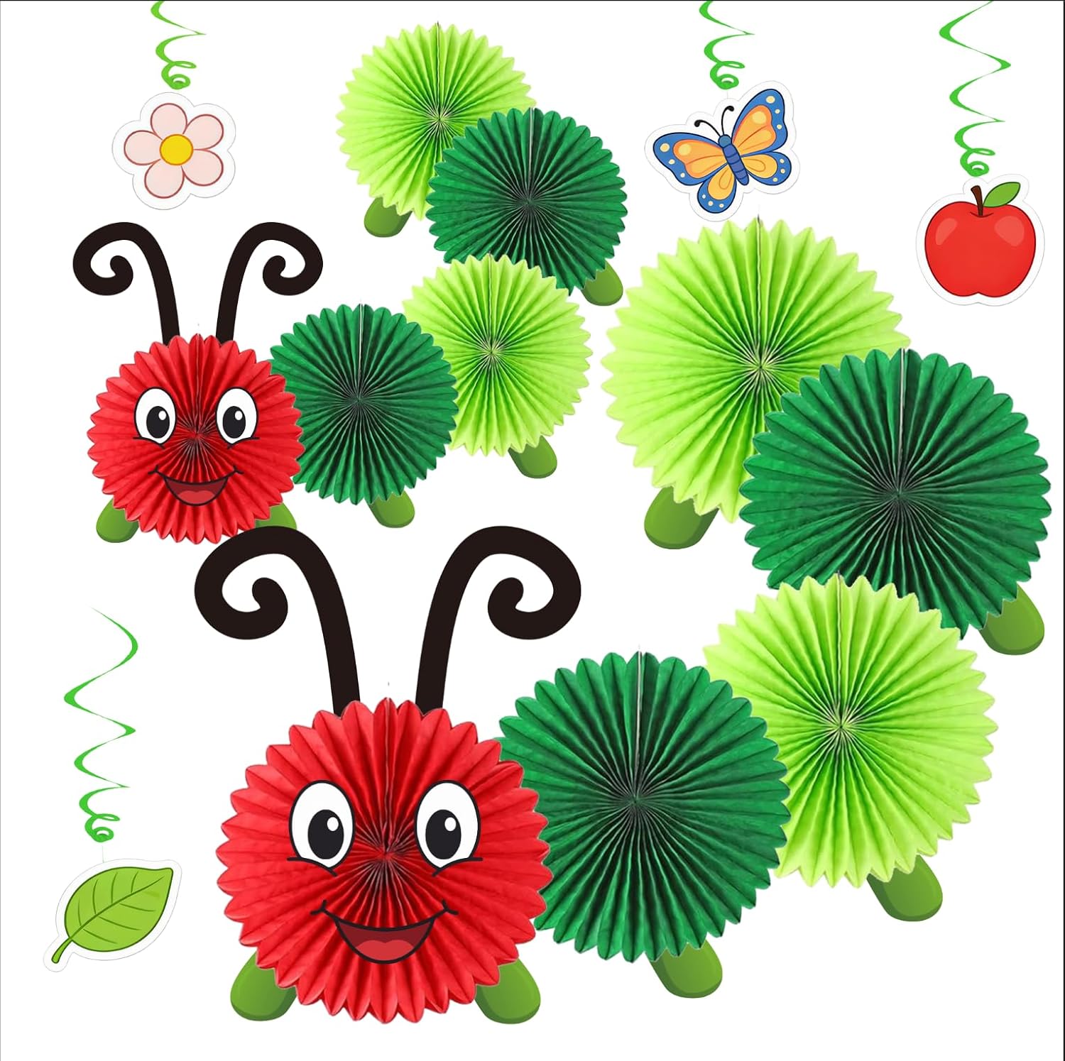 15PCS Caterpillar Birthday Decorations Paper Fan Hanging Swirls Set DIY Party Decor Classroom Supplies with Eyes Mouth Feelers Legs（Assembly Needed）