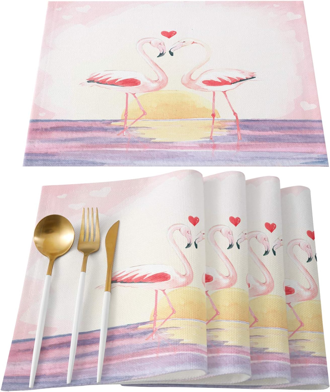 TweetyBed Valentine's Day Placemats Flamingo Love Couple Tablemats for Dinner Table Red Heart Sunset Valentines Table Mats Non-Slip Washable Heat Resistant, Set of 4