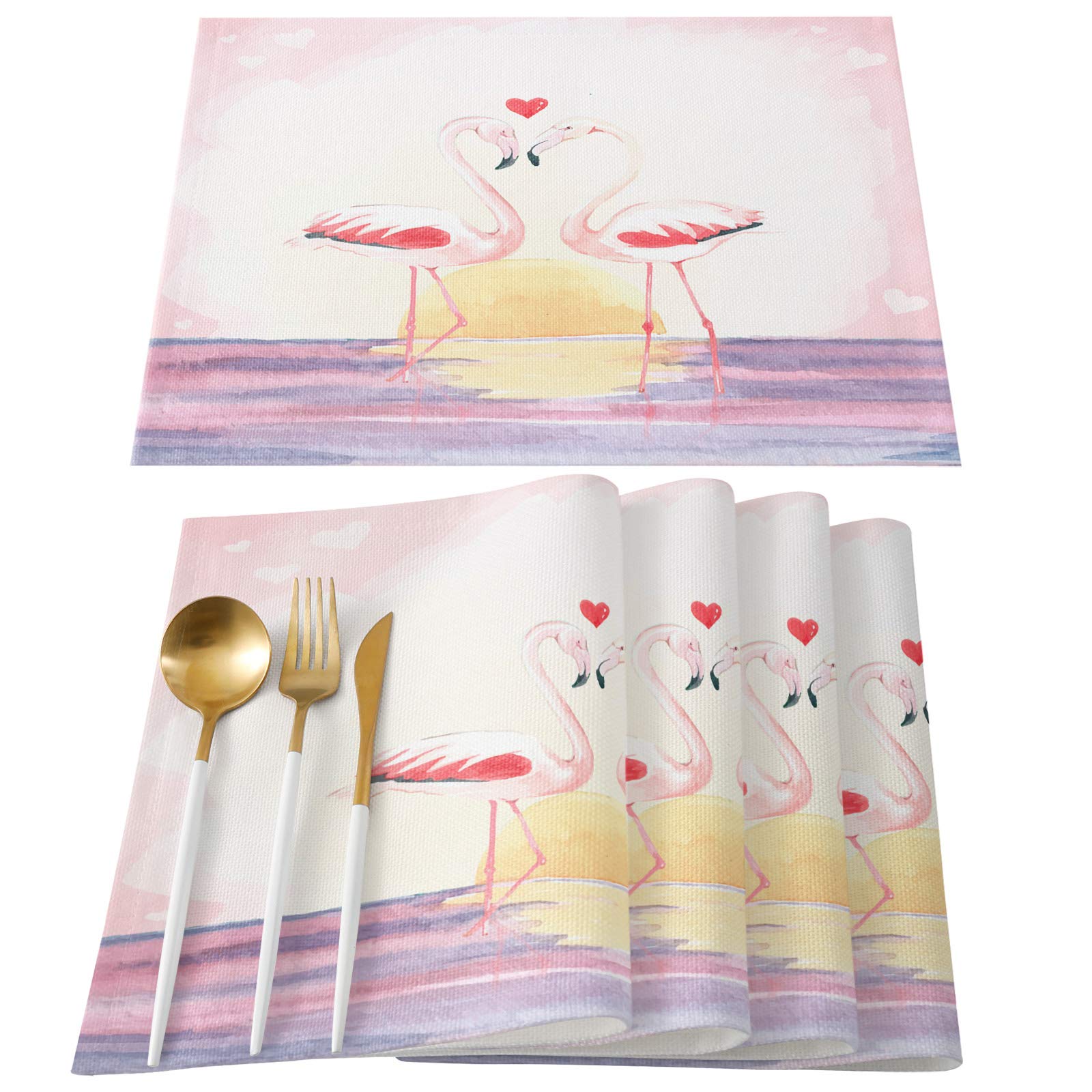 TweetyBed Valentine's Day Placemats Flamingo Love Couple Tablemats for Dinner Table Red Heart Sunset Valentines Table Mats Non-Slip Washable Heat Resistant, Set of 4