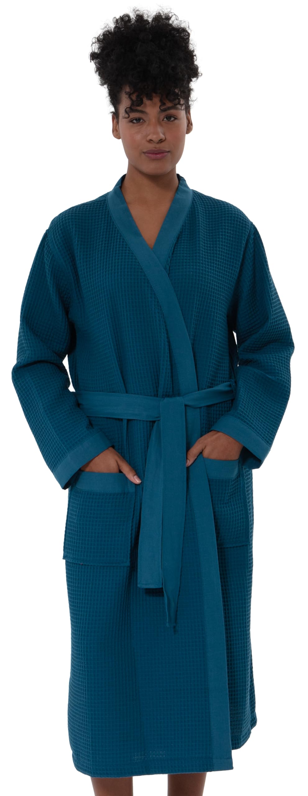 SEYANTE Womens Organic Cotton Waffle Kimono Hooded Robe GOTS Certified Lightweight Full-Length Spa Bathrobe with Piping