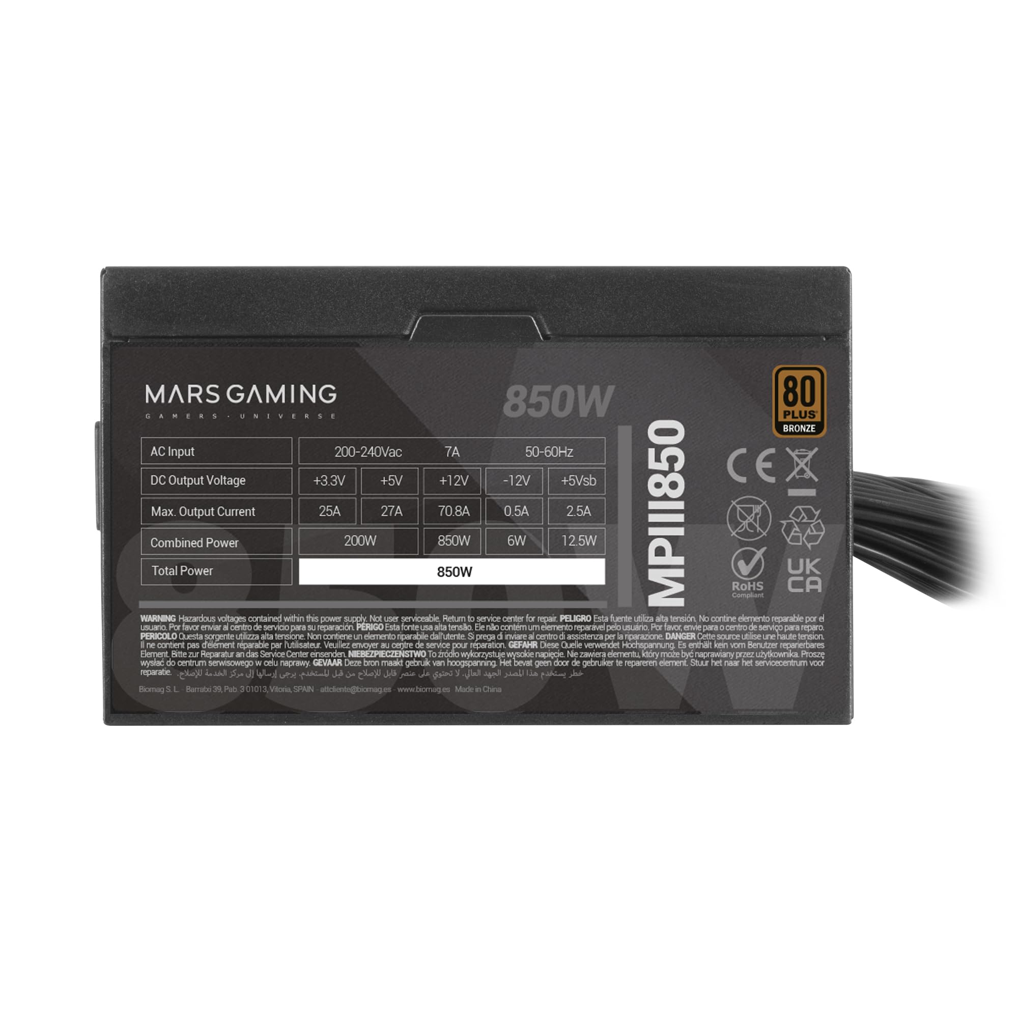 Mars Gaming MPIII850 Alimentation ATX 850W, 80 Plus Bronze, Noir | Garantie 5 Ans, Certification 80Plus Bronze, Efficacité 89 %, APFC, Ventilateur FDB 120mm AI-RPM, DC-DC et SMD