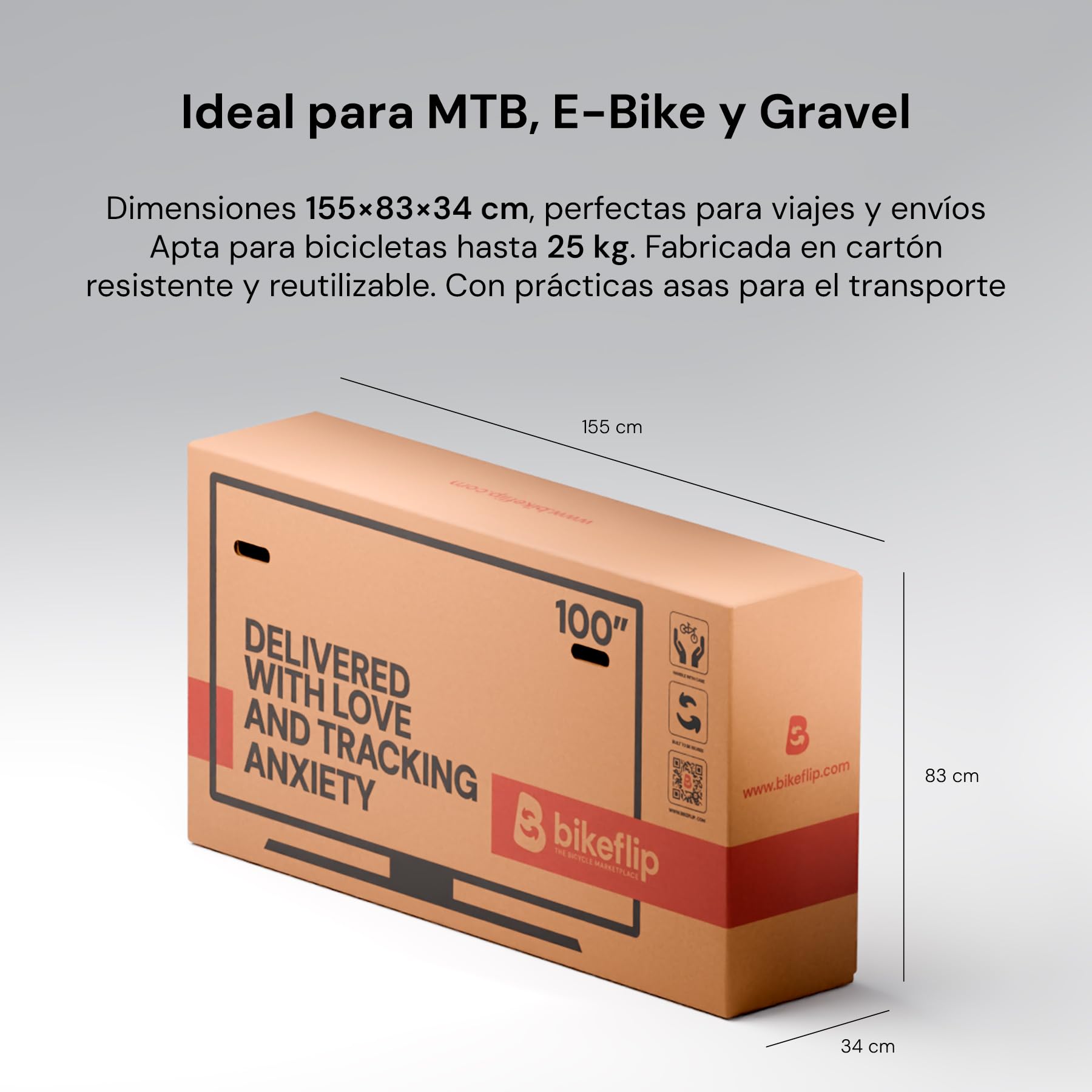 Bikeflip Box Caja de Envío para Bicicletas MTB, E-Bike y Gravel, Cartón Ondulado Resistente y Reutilizable, Montaje Rápido para Viajes y Transporte por Correo