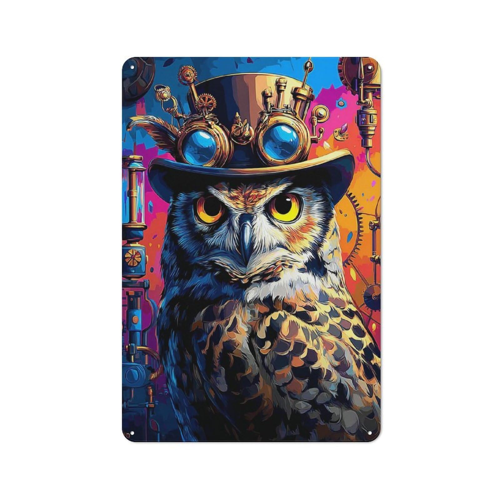 Junmoney Steampunk Owl Artwork Metal Wall Sign 30X20cm Featuring For Home Bar Wall, New Home Wall Decor For Hosts Who Enjoy Retro Interiors