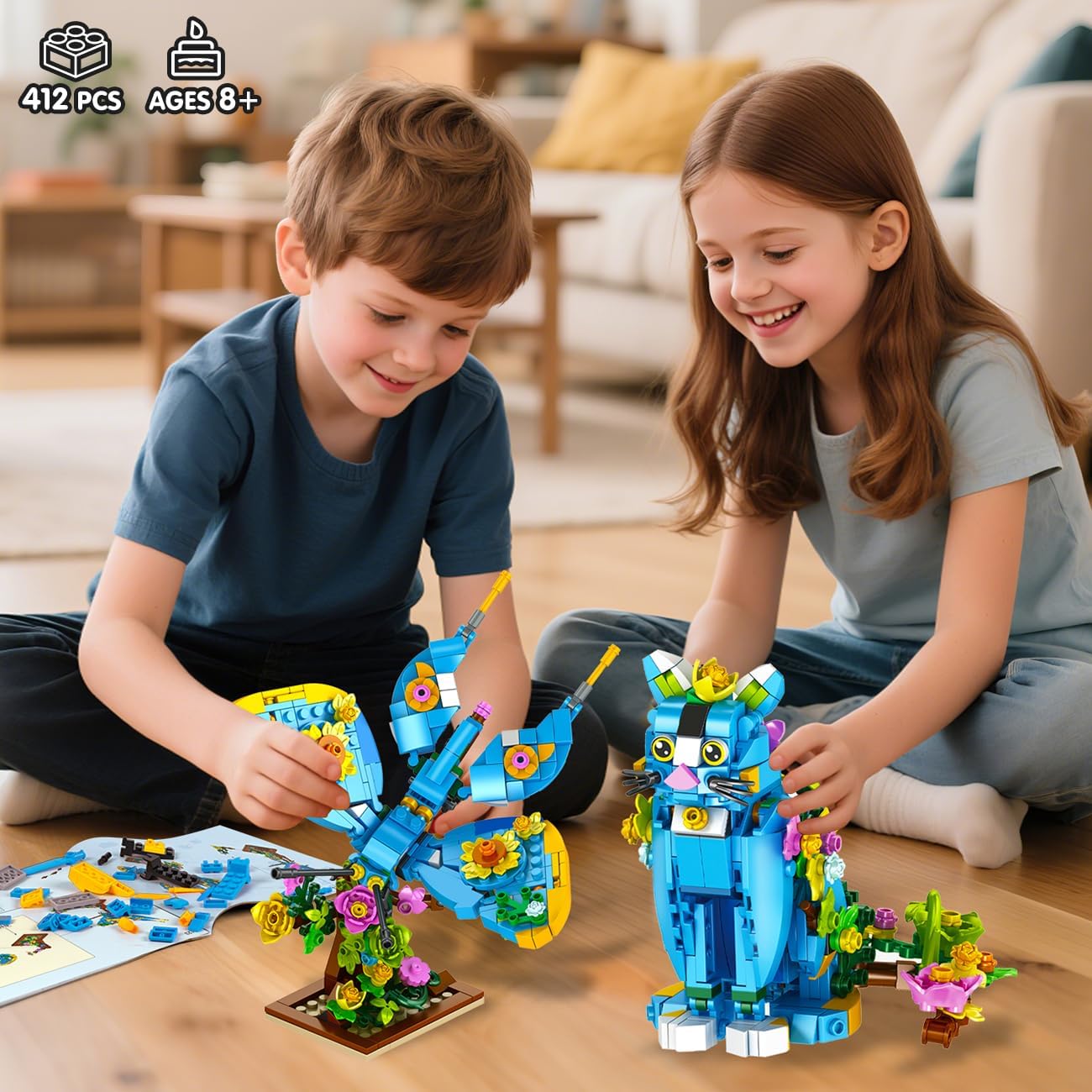 PLAXSOON Flower Cat Building Set, 3 in 1 Floral Parrot Butterfly Animal Figure Building Toy for Home Office Art Decor, 412 PCS Building Block Gift for Adults Kids Boys Girls Ages 8 9 10 11 12+
