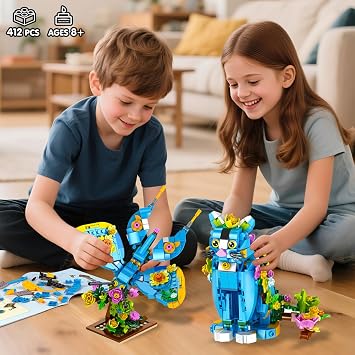 PLAXSOON Flower Cat Building Set, 3 in 1 Parrot Butterfly Building Toy | Floral Animal Figure Model for Home Office Decor, 412 PCS Building Block Gift for Adults Kids Boys Girls Ages 8 9 10 11 12+