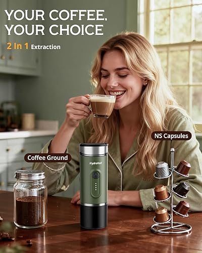 Miniatura 5 de Máquina de café espresso portátil, 9600 mAh, cafetera eléctrica de viaje con 20 bares autocalentable, cafetera ligera para automóvil con cápsulas NS