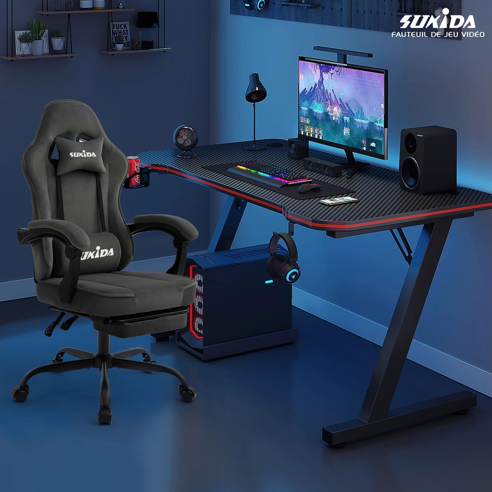SUKIDA Chaise de gaming en tissu, Chaise de gaming ergonomique avec repose-pieds, Chaise de course informatique réglable avec support lombaire, Gris Chaise PC ergonomique