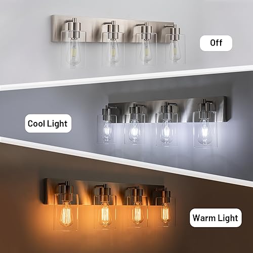 Miniatura 4 de Lámparas de tocador de baño de 4 luces, moderna lámpara de baño con vidrio transparente acabado de níquel cepillado sobre espejo para cocina,
