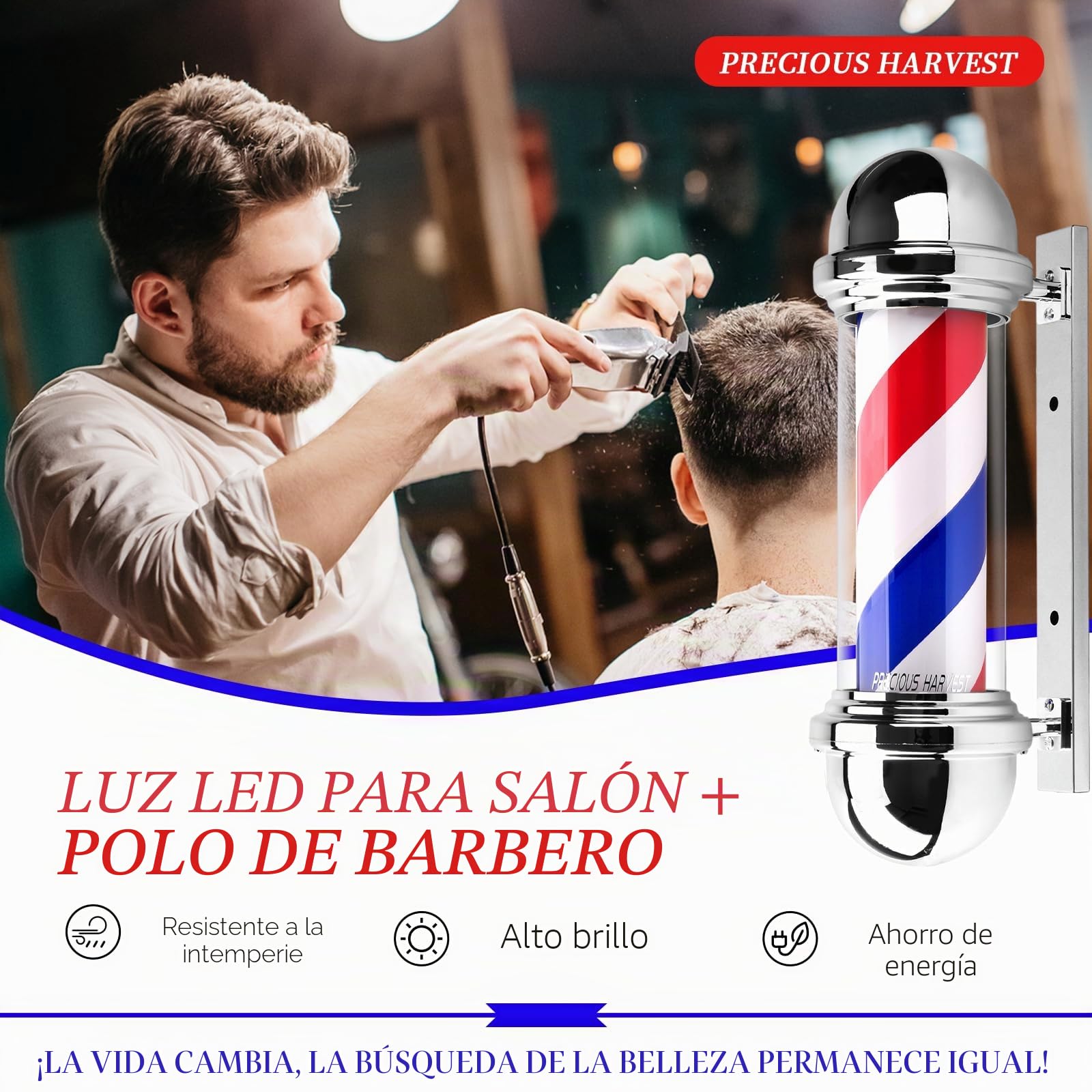Vara Barbier de 51 cm, Luz giratoria de Barbería en Rojo, Azul y Blanco, Carteles clásicos para Salón de Peluquería, Fuente de luz LED (Plateado)