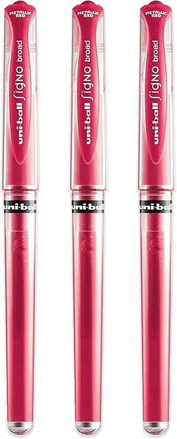 uni-ball Signo Pen Broad Metallic Gel Ink Rollerball - Metal 1mm Tip Nib 0.65mm Line Width With Rubber Grip - UM-153 - (Pack Of 3) - Red