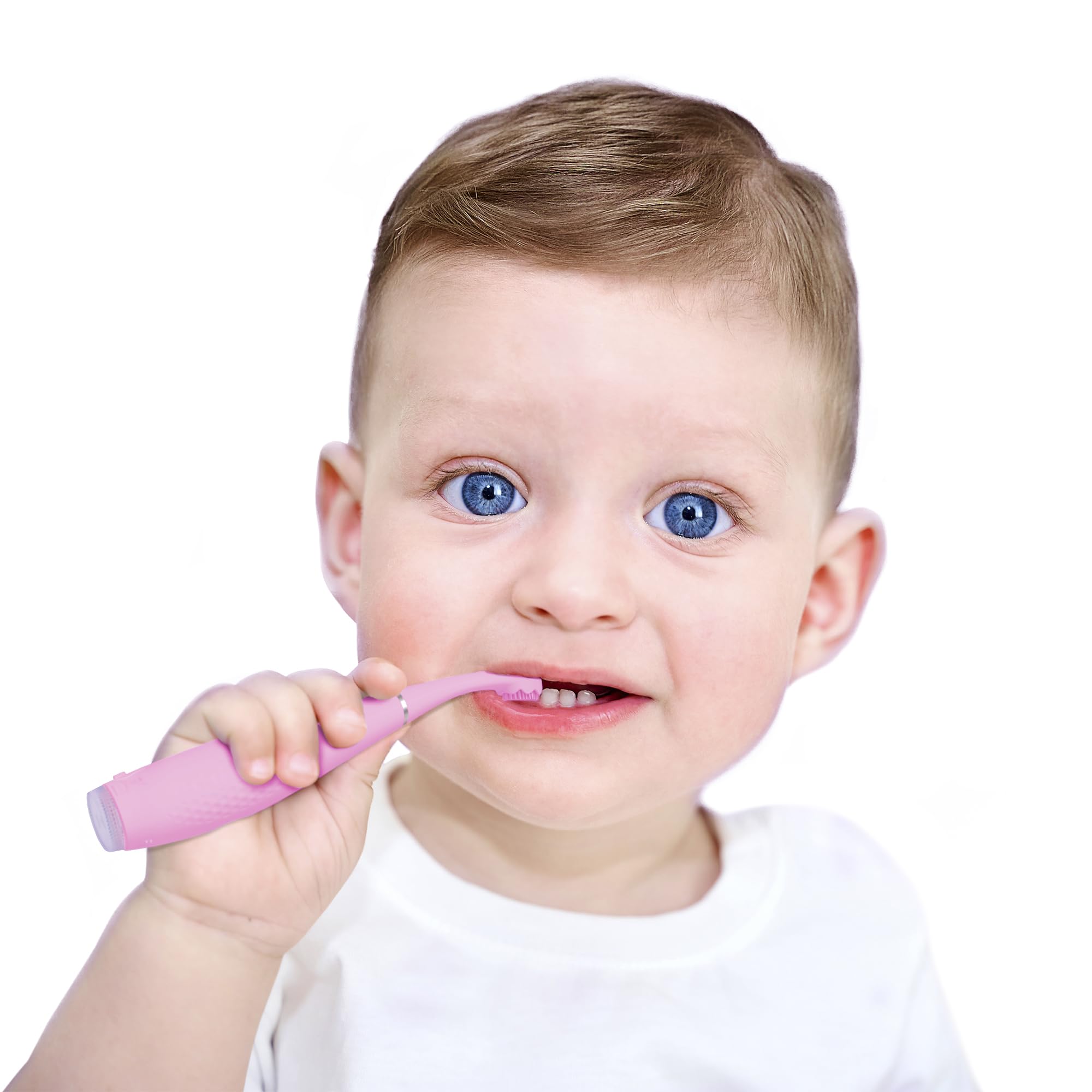 FOREO ISSA 4 Baby – Silicone Sonic Electric Toothbrush Bundle for Babies, 2-Sided Bristles, Fun Smile Feature, Gum Massage, 12 Months of Care with Extra Brush Head, Travel-Friendly - Pearl Pink