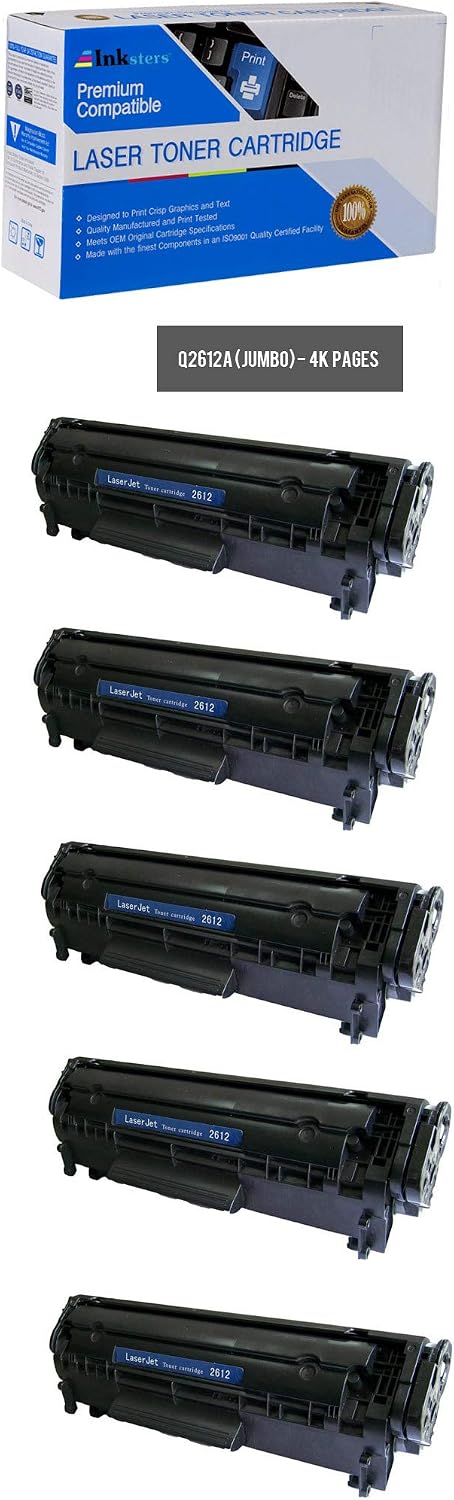 Compatible Toner Cartridge Replacement for HP 12A (Q2612A)(J) Jumbo Yield Black - Used with Laserjet 1010 1012 1015 1018 1020 1022 1022n 3015 3020 3030 3050 3052 (5 Pack)