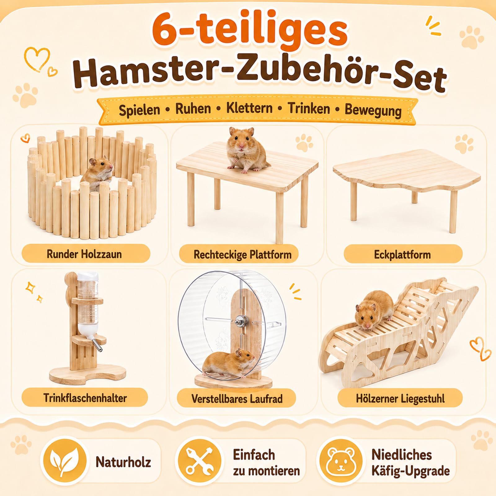 Juego de 6 accesorios para hámster de madera natural, parque infantil para hámster con rueda ajustable silenciosa, 2 plataformas, valla de madera, portabotellas y tumbona para hámsters dorados